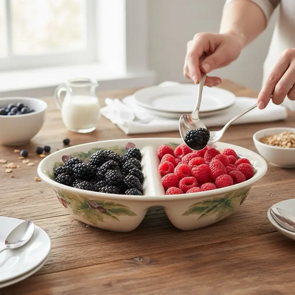 Pfaltzgraff Jamberry Cream Grapes Berries AOP 10in Oval Divided Serving Platter